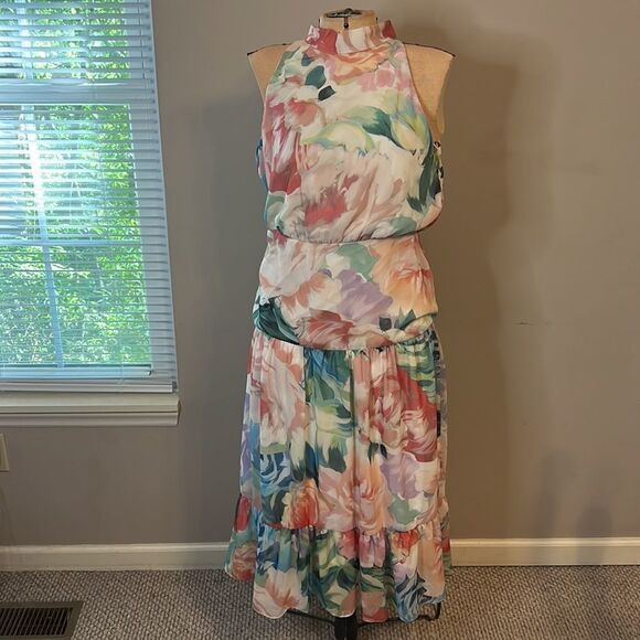 NWT Leslie Fay Open Shoulder Floral Tiered Ruffle Dress - Size 6 - Picture 1 of 15